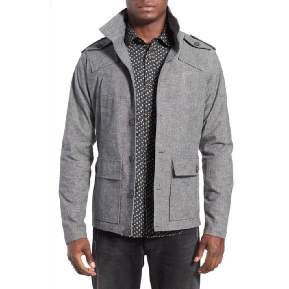 Kane & Unke Men's Sz L Trim Fit Backbone Herringbone Military Utility Jacket